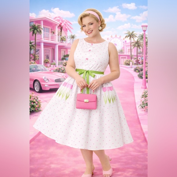 Unique Vintage Smak Parlour Pink Pin Dot Tulip Sleeveless Swing Dress, 1x, NWT! - Picture 3 of 16